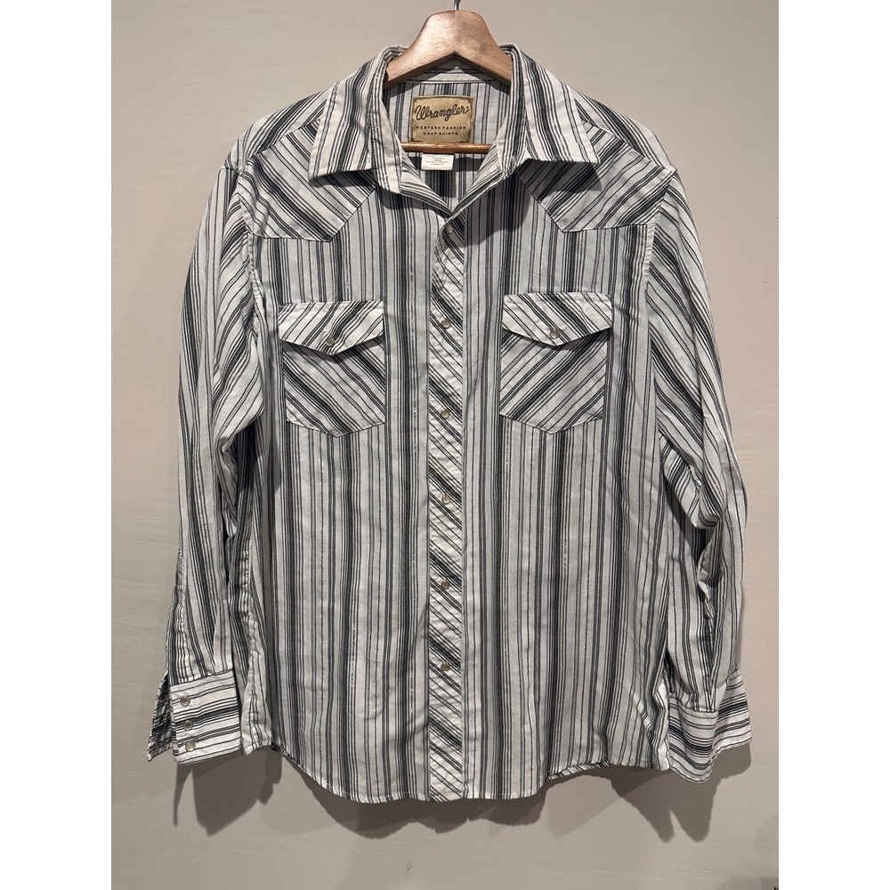 Wrangler Western Fashion Snap Shirt Mens Large White Black Striped Metallic